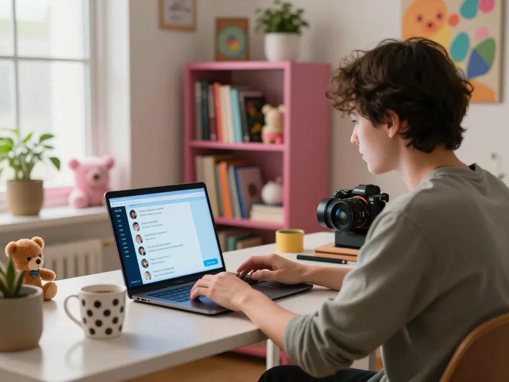 Engaging NSFW AI chat scene in a cozy home office, showcasing a user interacting with a laptop, casual attire, playful decor.