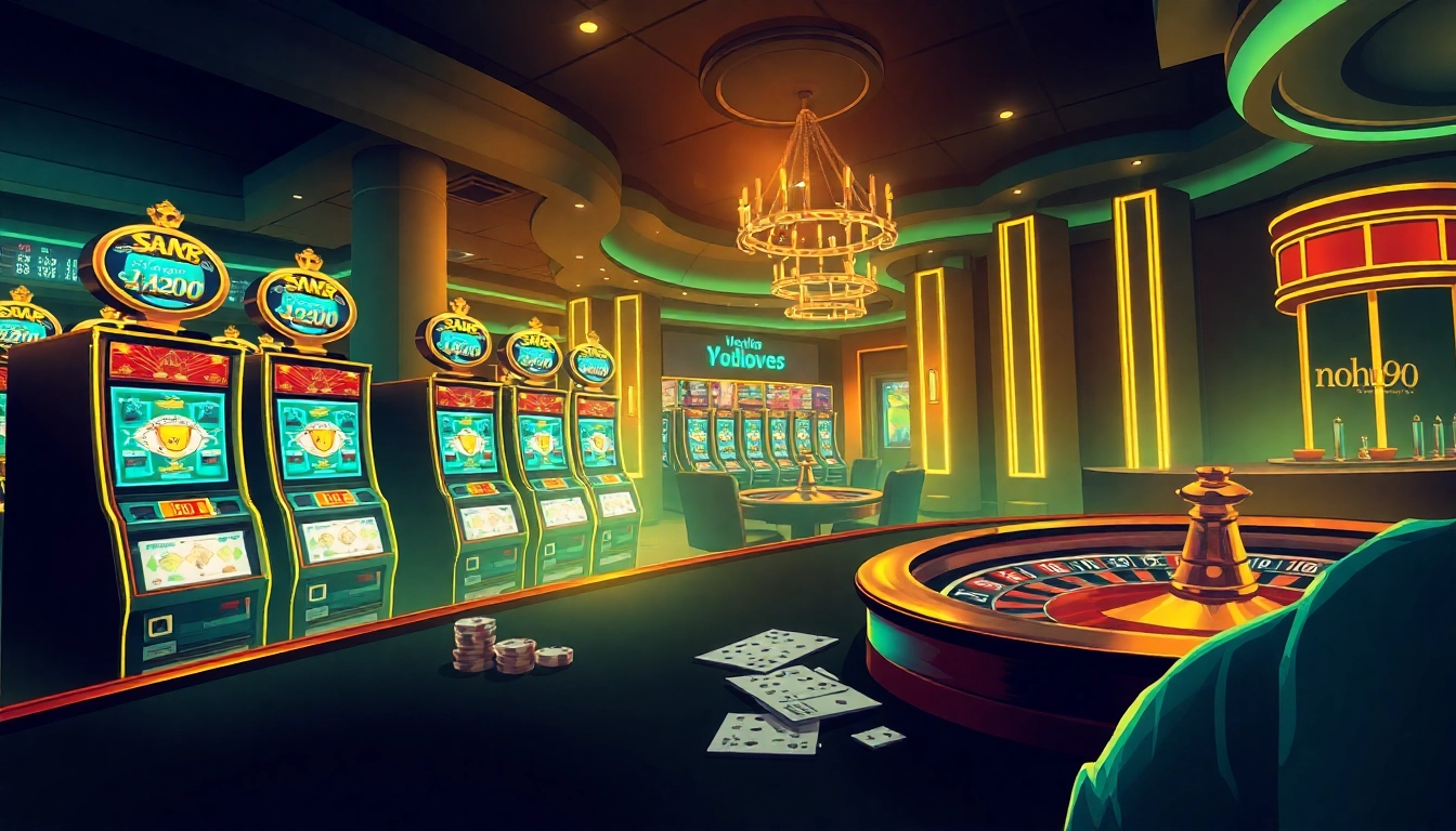 Nohu90 casino scene showcasing vibrant slot machines and luxury tables.