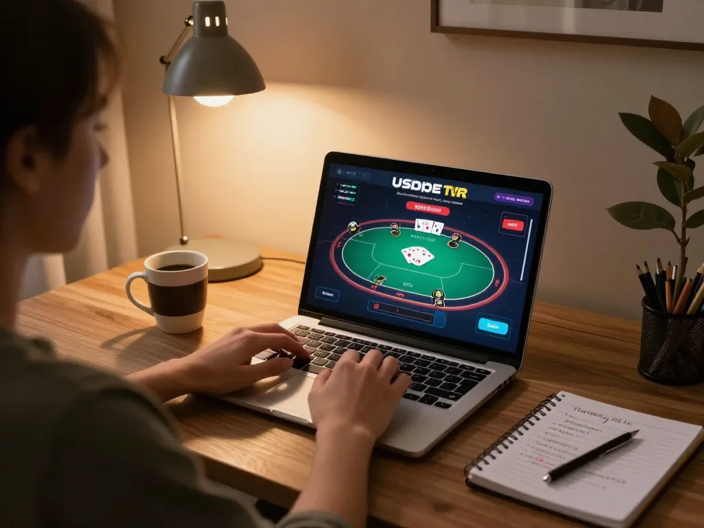 Playing poker at home using the USBET online casino platform with vibrant interface.