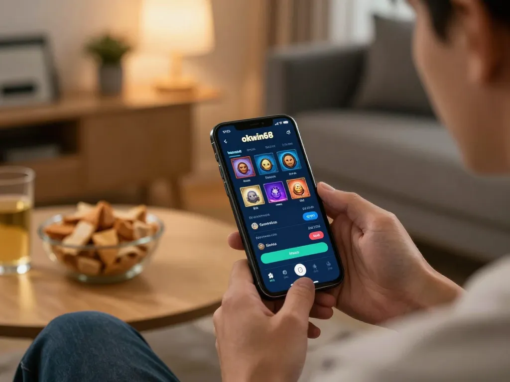 Player using okwin68 mobile app for engaging online betting while relaxing at home