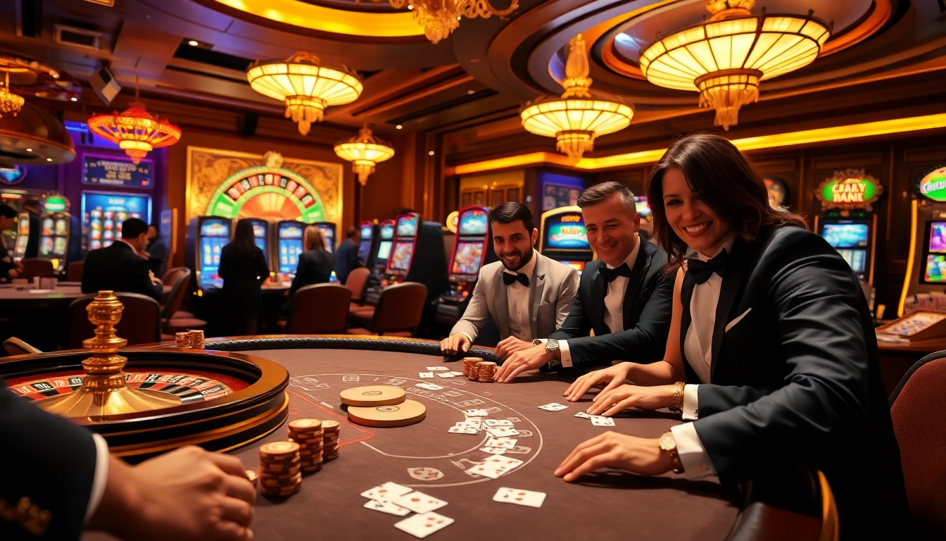 DAGA players celebrating a winning moment at a casino table filled with chips and cards.