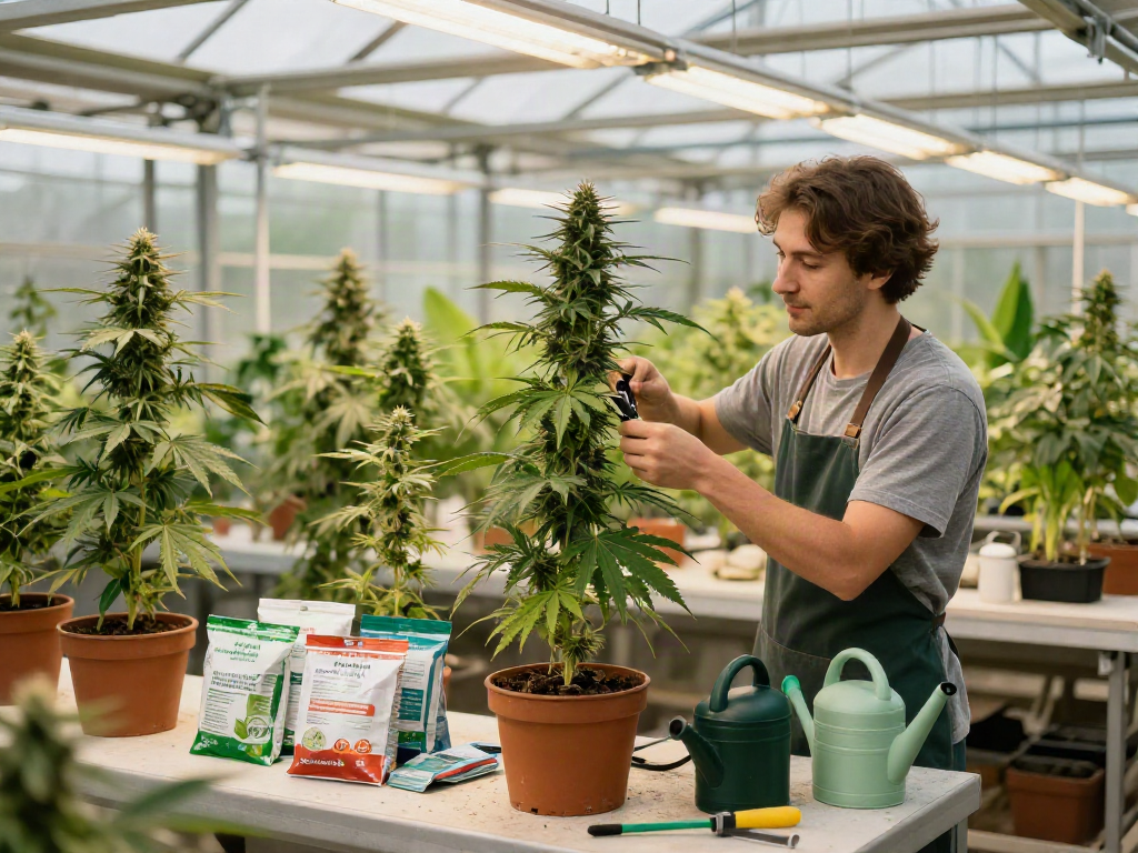 Healthy cannabis plants and seeds in a greenhouse for cannabis seeds cultivation.