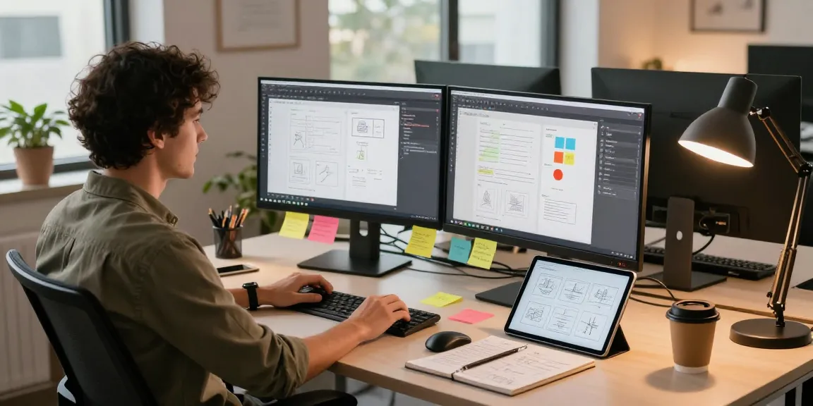 Designer using 截图工具 on dual monitors, showcasing collaborative web design in a modern office setting.