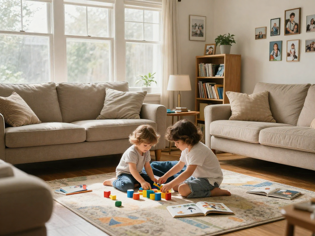 Engaging parenting scene with rokok 88, parent playing with child in cozy living room.