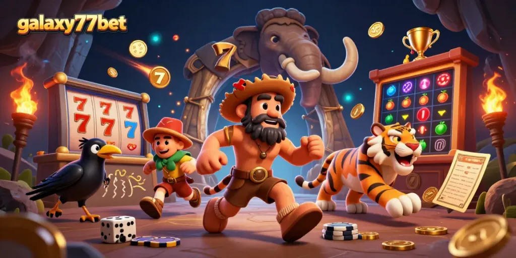 Play exciting games at galaxy77bet's prehistoric casino with vibrant slot reels and a lively duo.