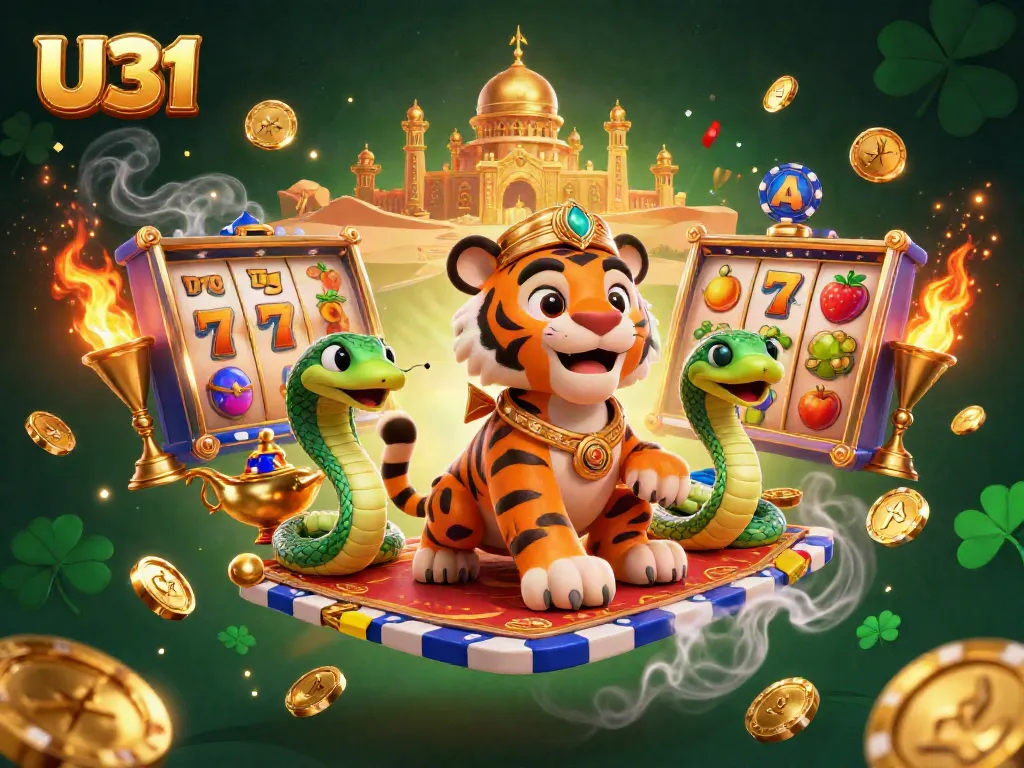 Spin the reels with U31's vibrant 3D casino illustration showcasing jackpot dynamics and an Arabian theme.
