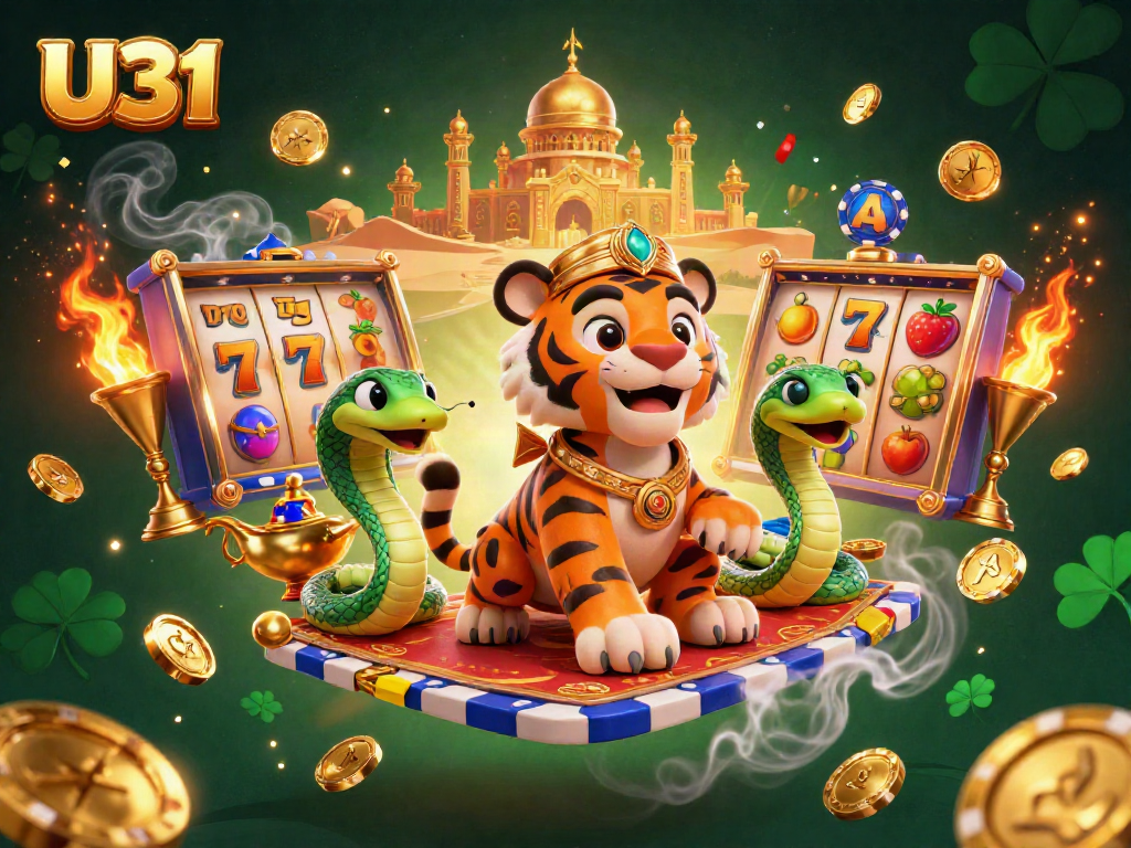 Spin the reels with U31's vibrant 3D casino illustration showcasing jackpot dynamics and an Arabian theme.