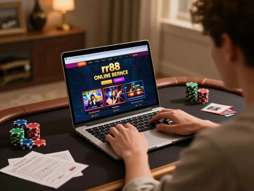 Player engaging with rr88 online casino on a stylish laptop, showcasing strategy and focus.