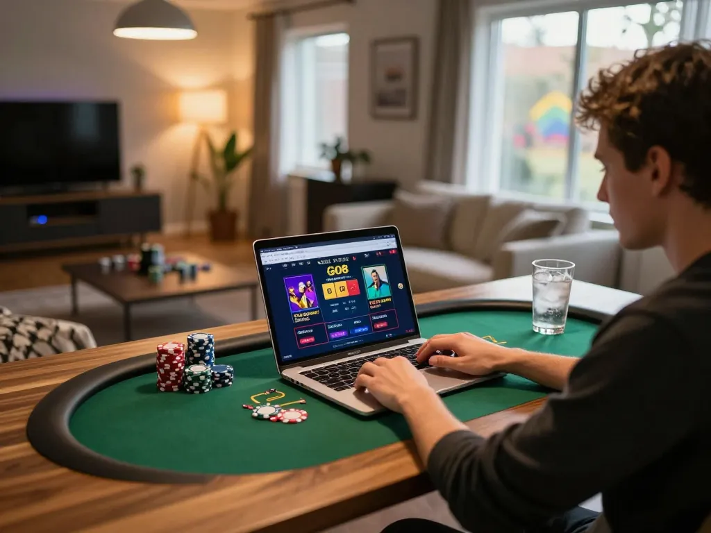 Engaged player strategizing on GO8 online casino platform while managing poker chips at home.