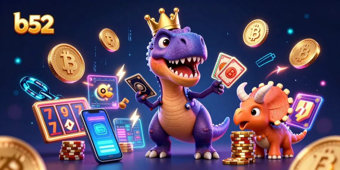 Engaging 3D casino scene featuring b52 with fun cartoon dinosaurs playing cards and stacking chips.
