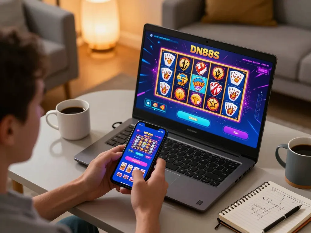 Player explores exciting games on the dn88s mobile app in a cozy setting, showcasing responsible gambling.