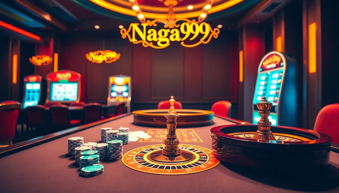 Naga99 showcases an exciting casino atmosphere with a roulette wheel and poker chips.