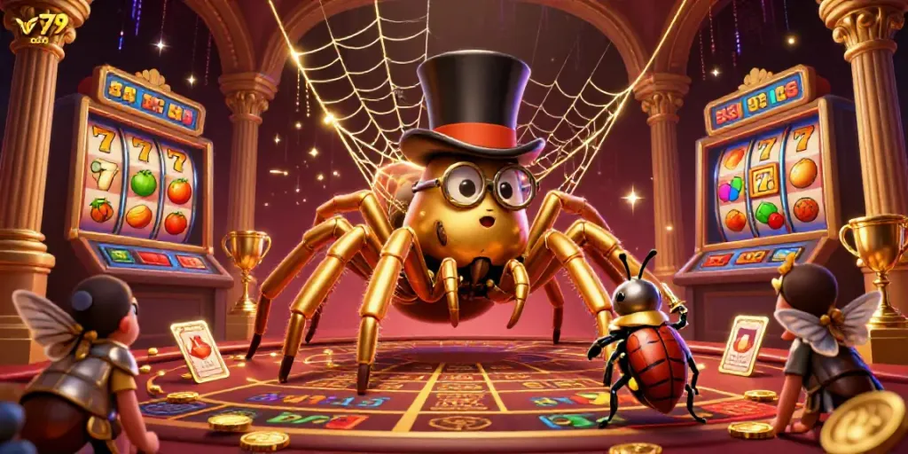 Engage with the vibrant casino world featuring v79 com, where a giant tarantula weaves brilliant golden threads.