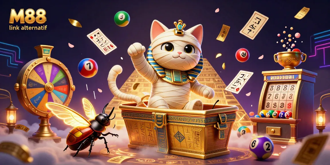 M88 link alternatif showcases an engaging 3D illustration of a mummy cat in a vibrant casino scene, featuring colorful lottery elements and dynamic game symbols.