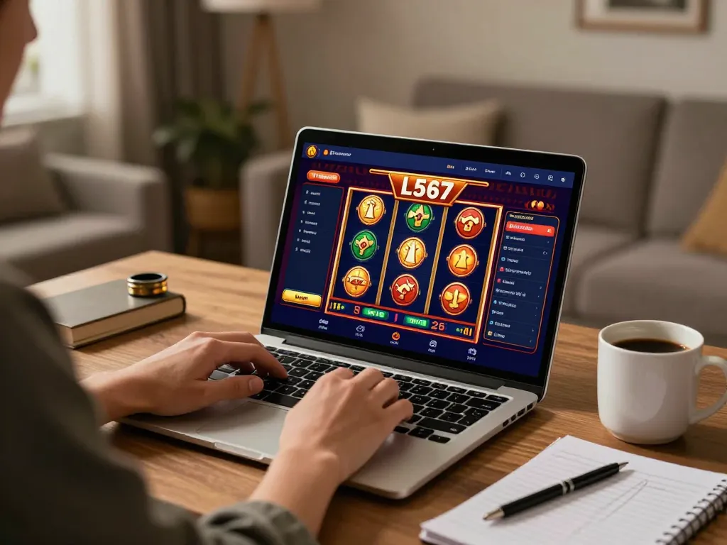 L567 online casino gaming with a player enjoying vibrant slots interface in a cozy home office atmosphere.