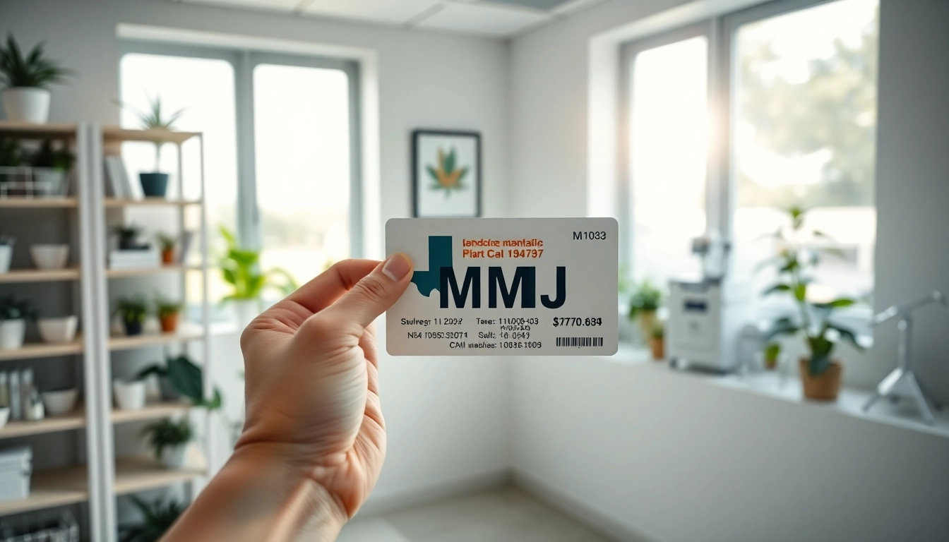Showcasing a Texas MMJ card held by a hand in a welcoming medical office setting.