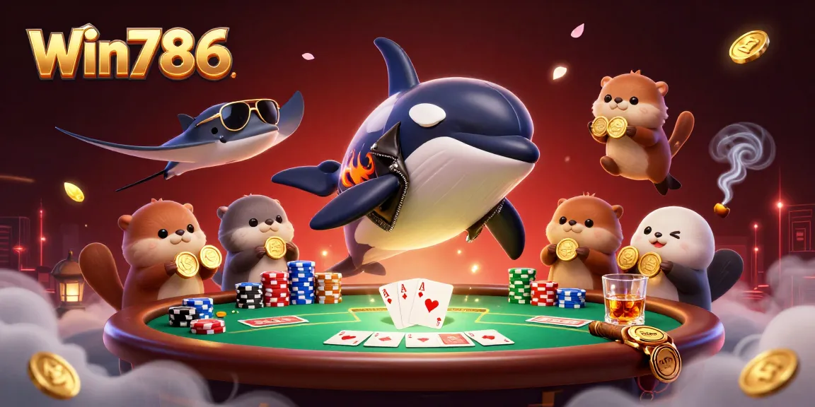 Win786 highlights thrilling casino experiences with animated characters and poker elements.