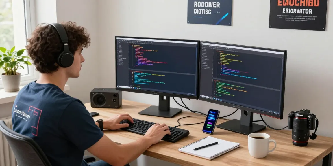 A developer coding with telegram官网 on dual monitors in a vibrant tech workspace, showcasing modern elements.