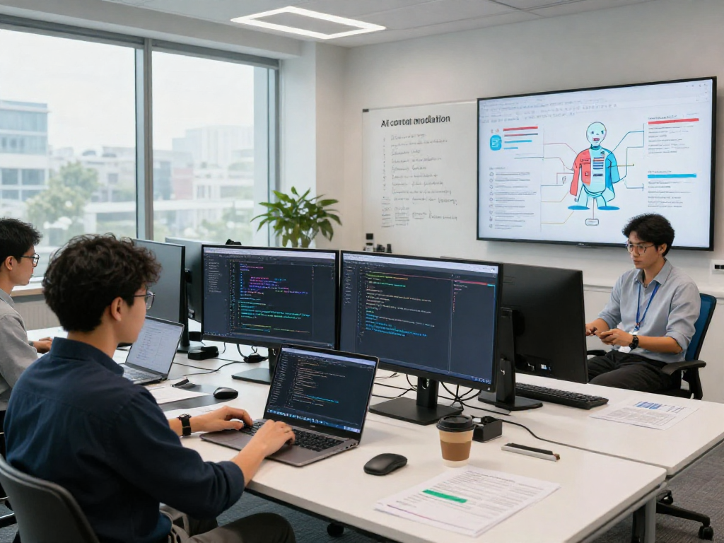 Content moderation in action with an ai image detector in a tech workspace, highlighting collaboration and innovation.
