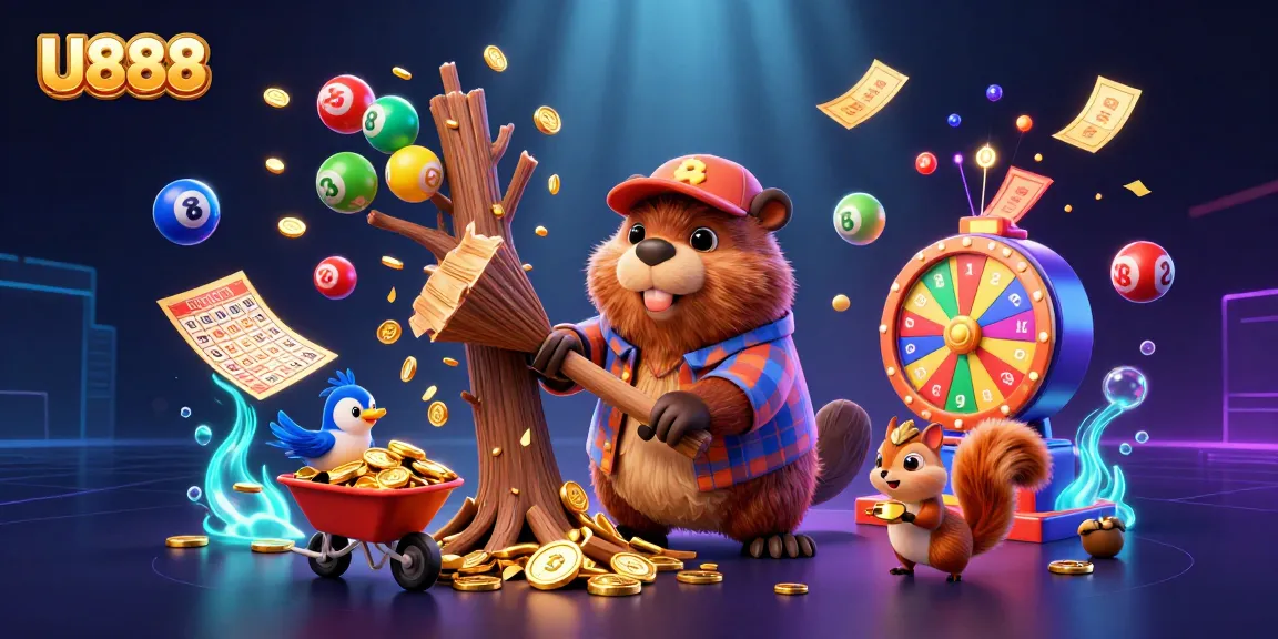 Experience the excitement of U888 with a vibrant, coin-filled casino scene featuring engaging characters and dynamic gaming elements.