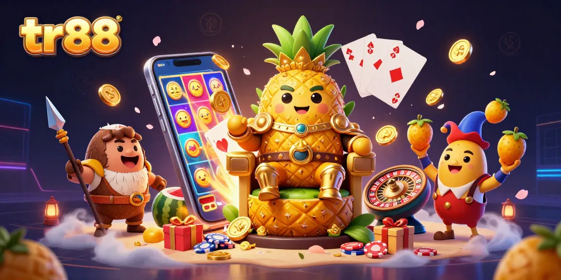 Engage with tr88 casino games, featuring a golden pineapple king and colorful slot elements in a vibrant beach setting.