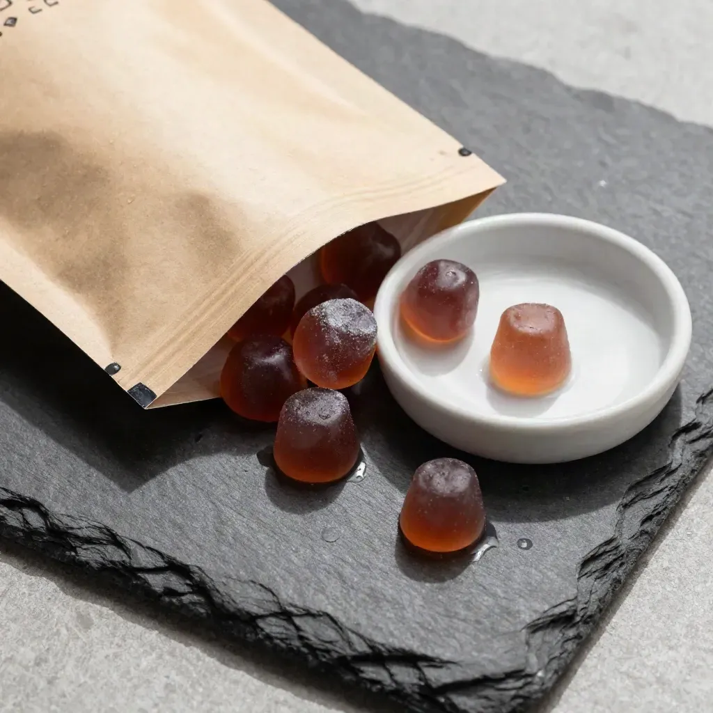Overhead flatlay of open CBD gummy pouch, glossy gummies, and a ceramic dish on wet slate.
