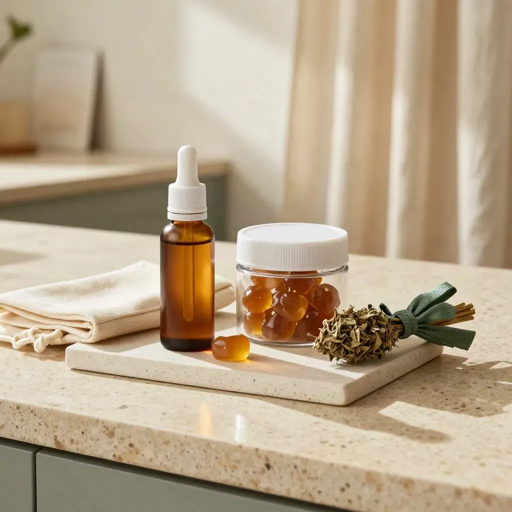 CBD starter bundle on pale stone tray with oil, gummies and capsules in soft morning light.