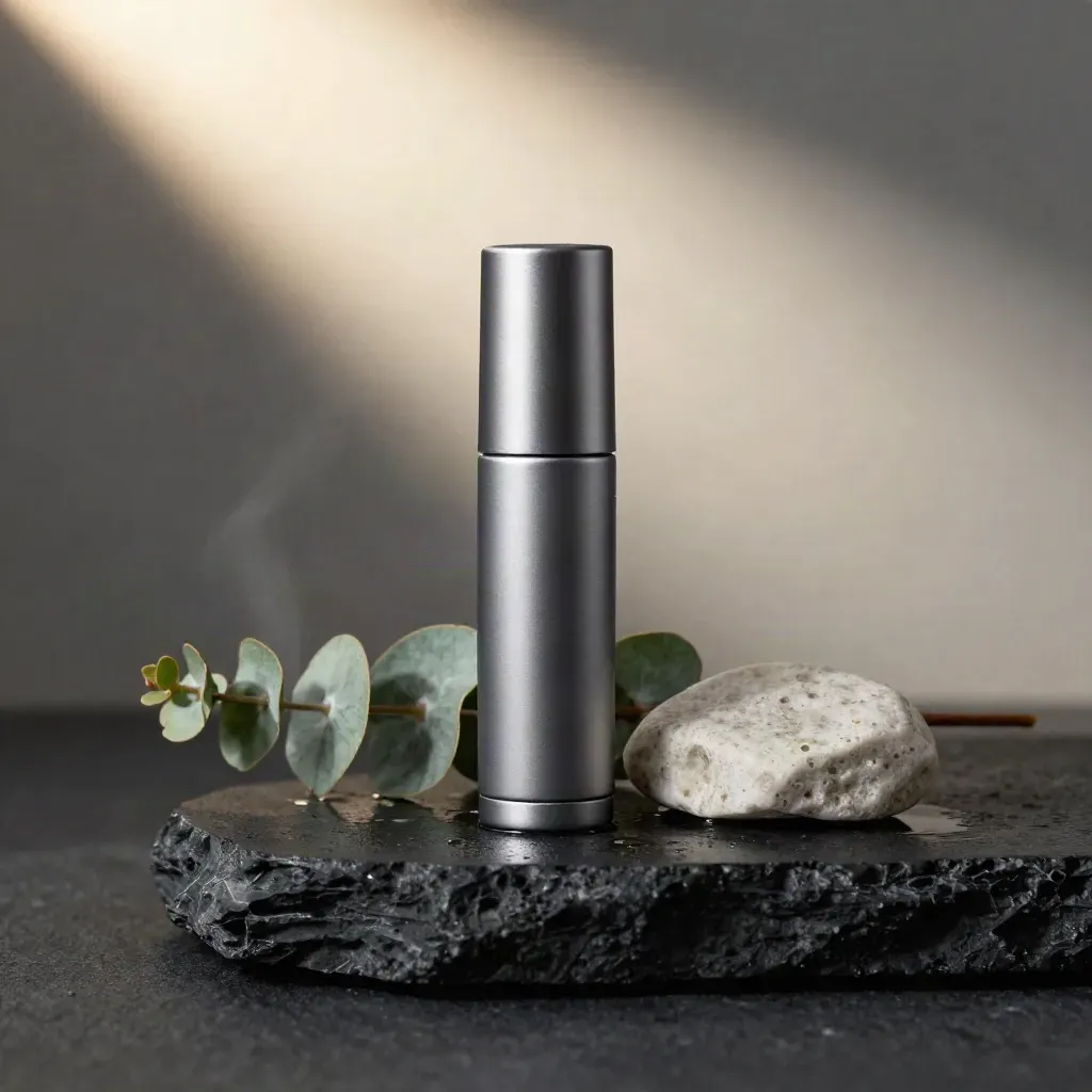 Matte CBD roll-on, eucalyptus sprig and stone puck in a damp basin under a hard side beam.