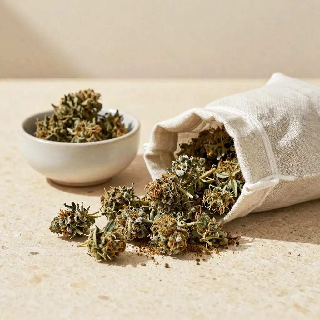 Open hemp flower sampler pouch spilling buds beside a ceramic bowl on a linen-draped tray.