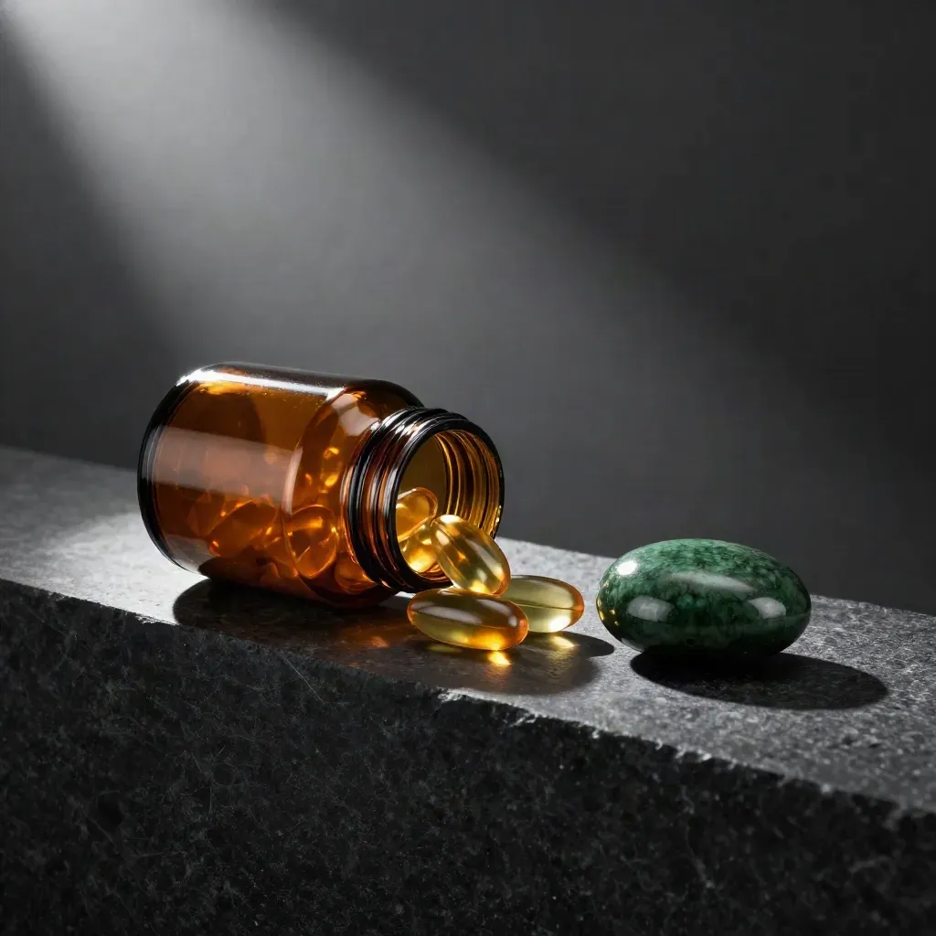 Amber CBD softgels jar on dark stone with curving capsules and dramatic side light.