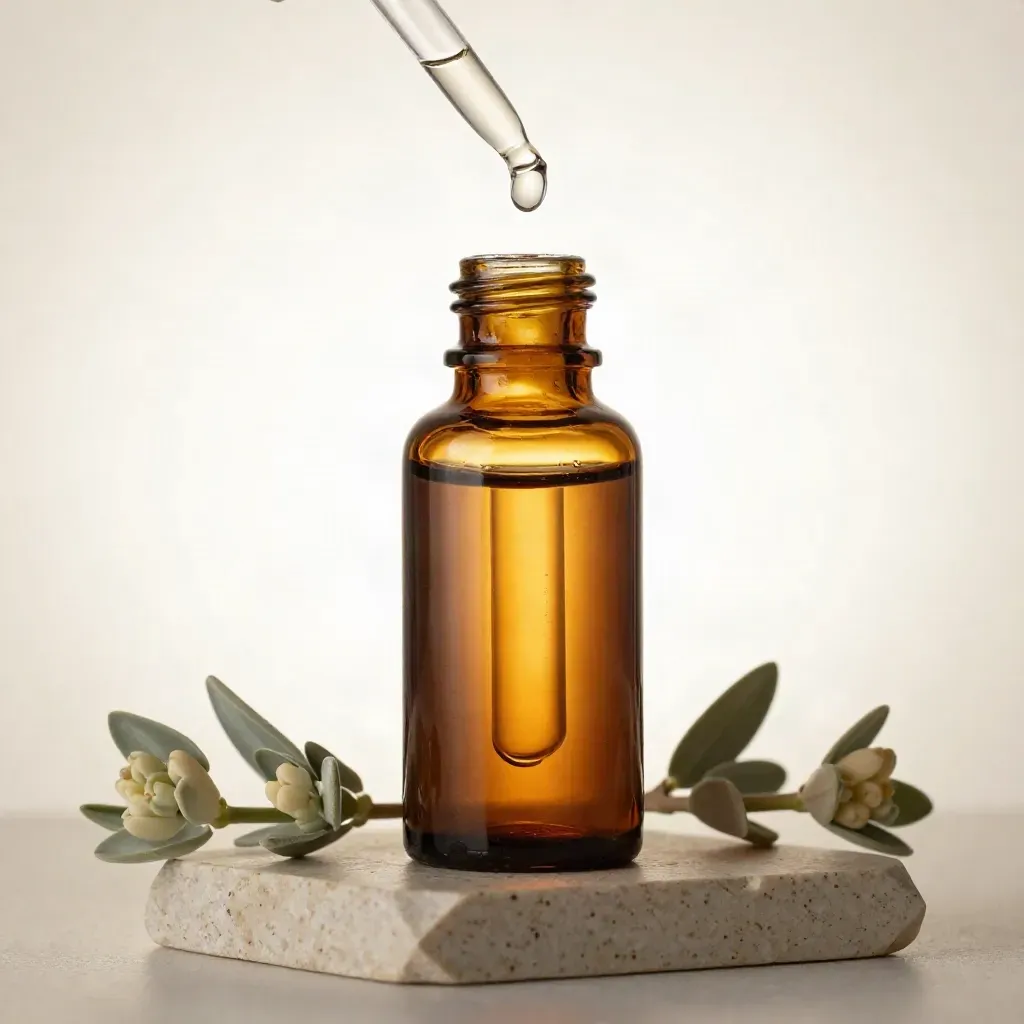 Macro tincture bottle with droplet, stone coaster and pale sprigs in airy light.