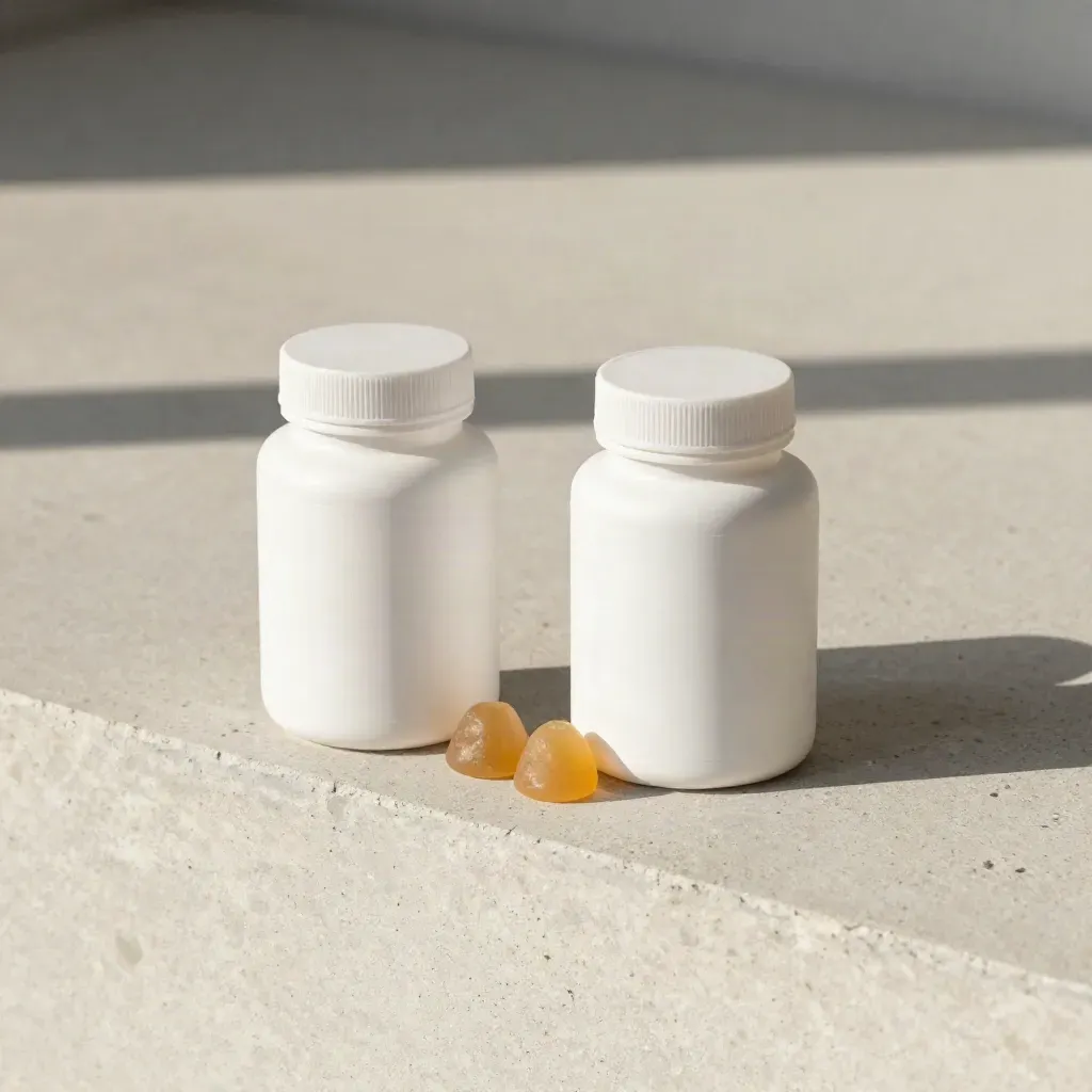 Two unbranded CBD gummy jars with gummies on a pale stone ledge, premium flatlay.