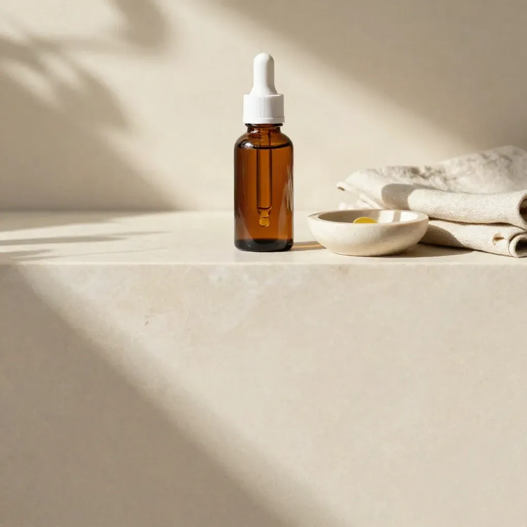 Amber CBD oil bottle on a pale marble ledge in a calm cream wellness room with soft leaf shadows.