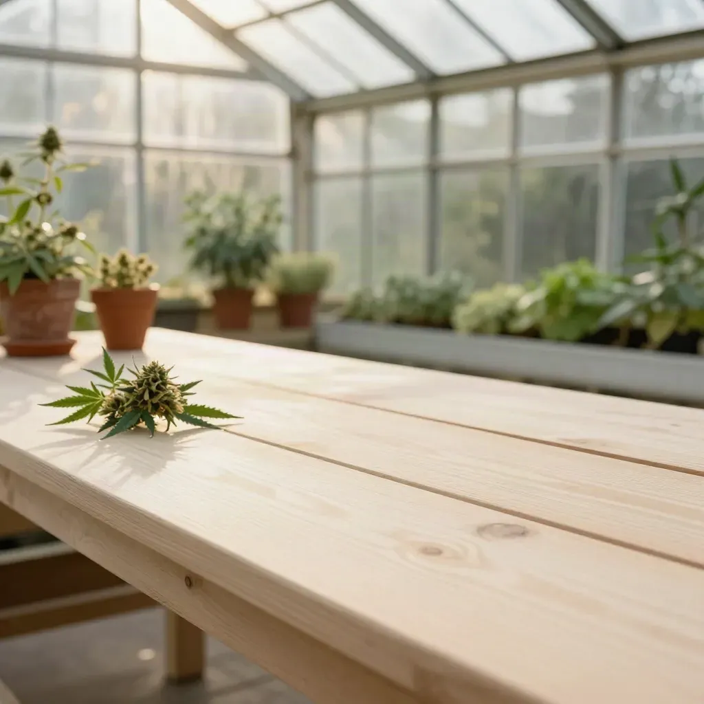 Sunlit greenhouse table with hemp flower sprigs and blurred herbs above calm copy space