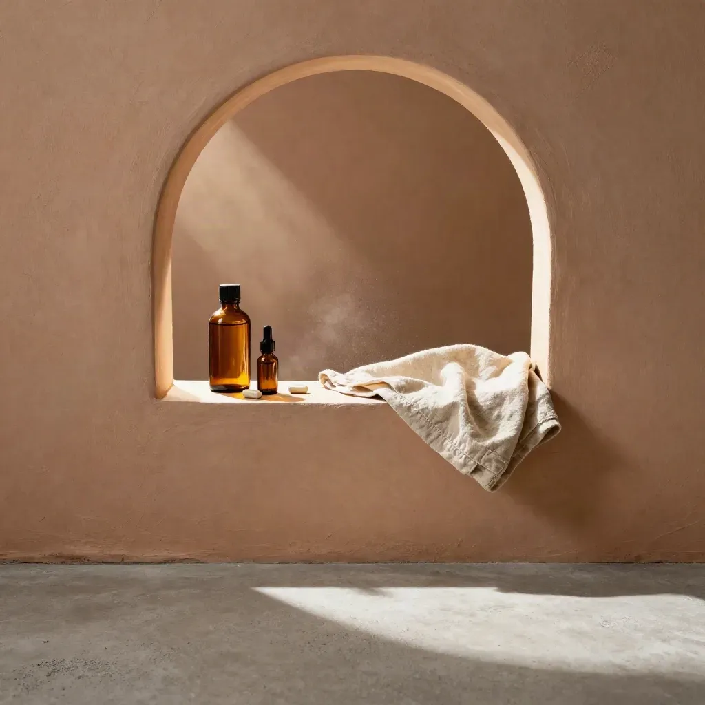 Sunlit plaster arch interior with capsule bottle and wellness products on a ceramic plinth.