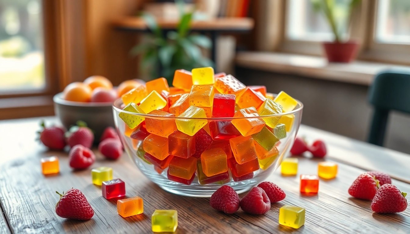 Showcase a colorful assortment of Weed Gummies in a bowl, highlighting their vibrant textures.