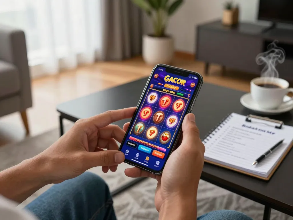 Engaging moment of a player spinning the reels on a vibrant slot gacor app, showcasing mobile gambling excitement