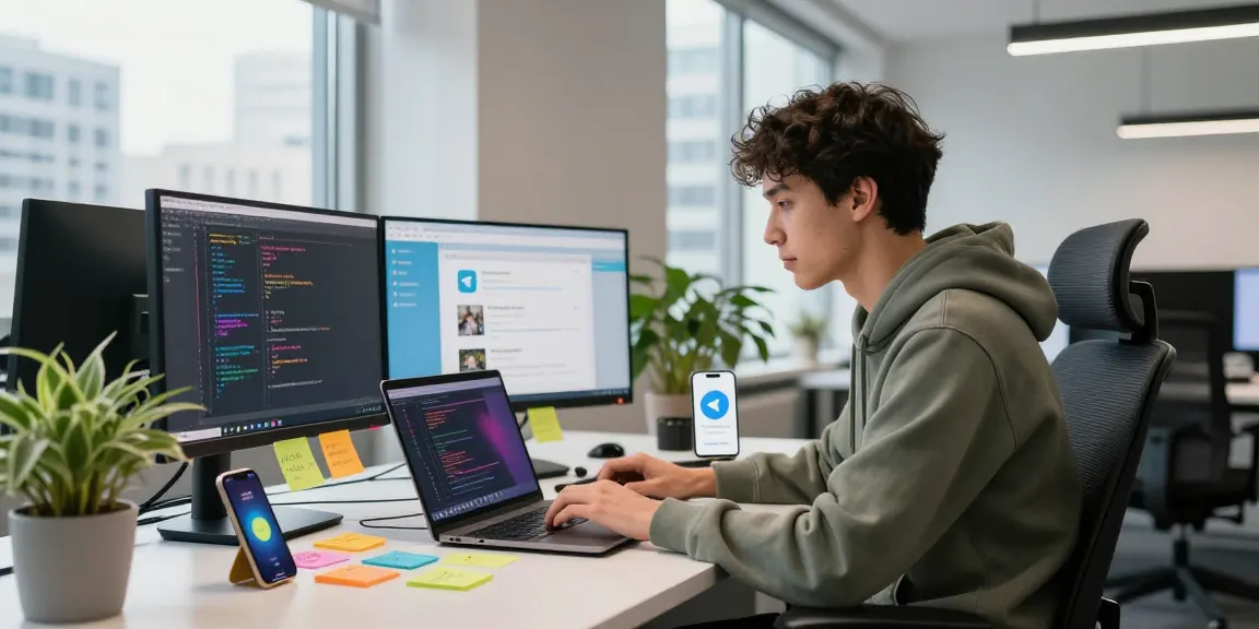 Developer coding Telegram官网 features in a modern workspace with vibrant elements