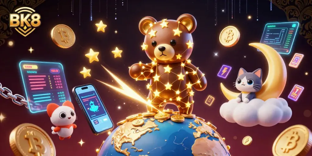 Engage with BK8's thrilling online casino experience featuring vibrant graphics and shooting stars.