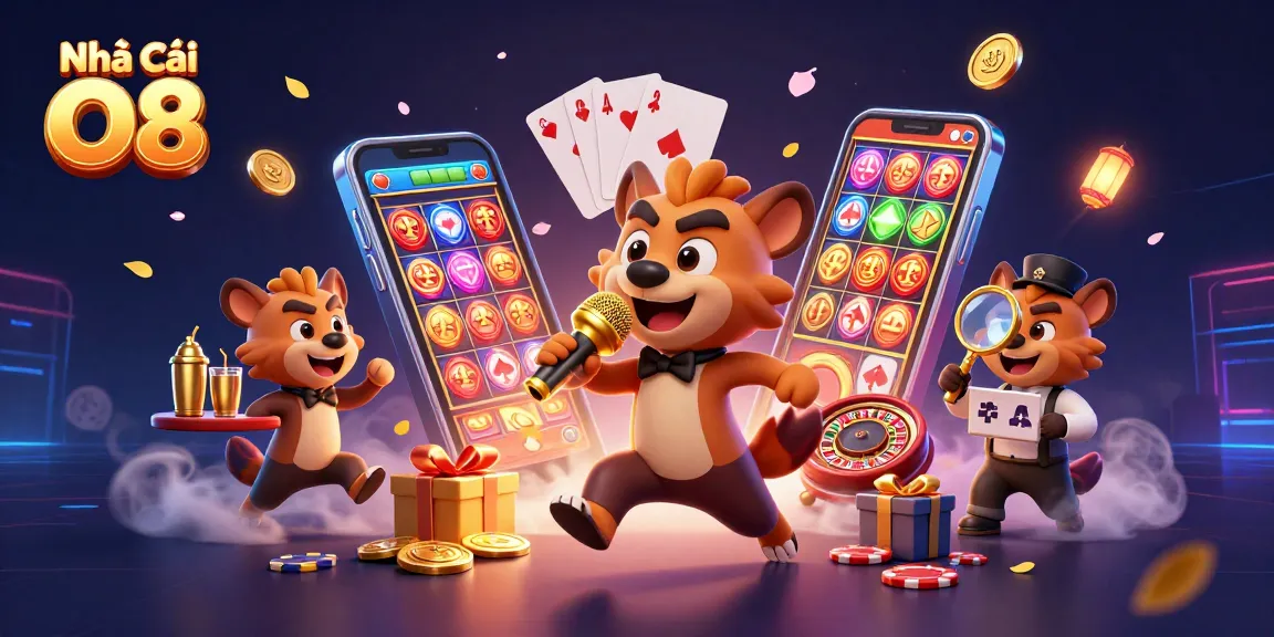 Experience an exciting night with Nhà Cái O8 at a lively comedy casino featuring animated hyenas.