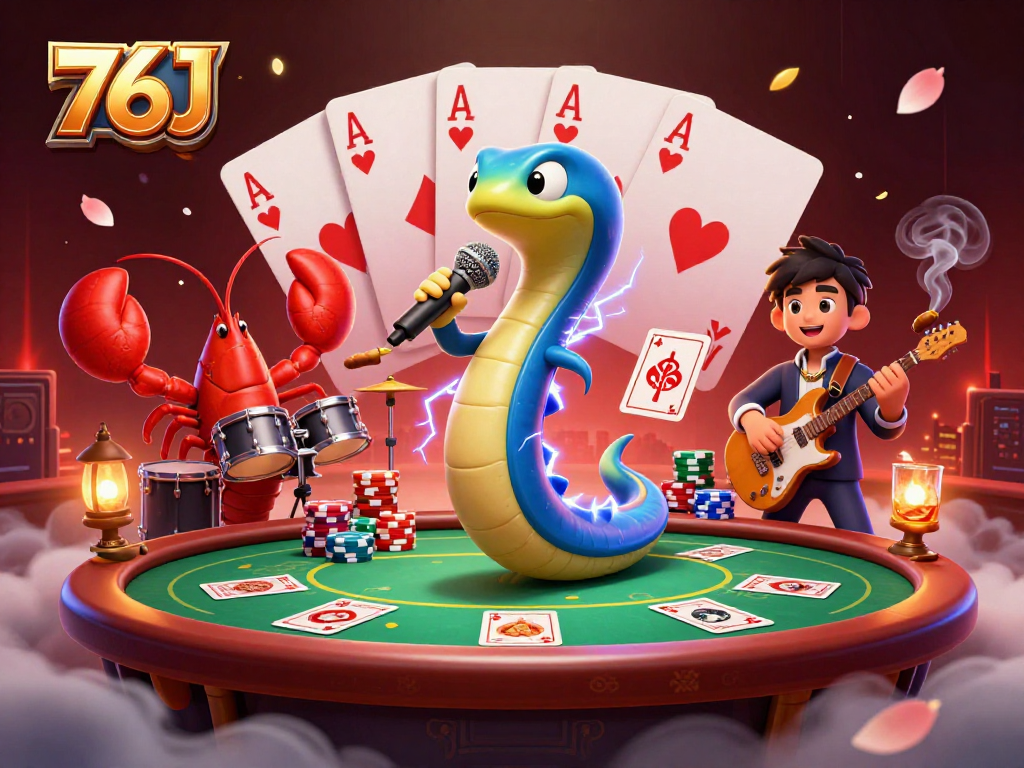 Ilustração do 76J em um cassino subaquático com uma enguia DJ cercada por personagens de um show musical.