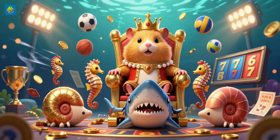 Putar slot online dengan raja hamster emas di takhta gigi megalodon yang dikelilingi oleh pengawal kuda laut.
