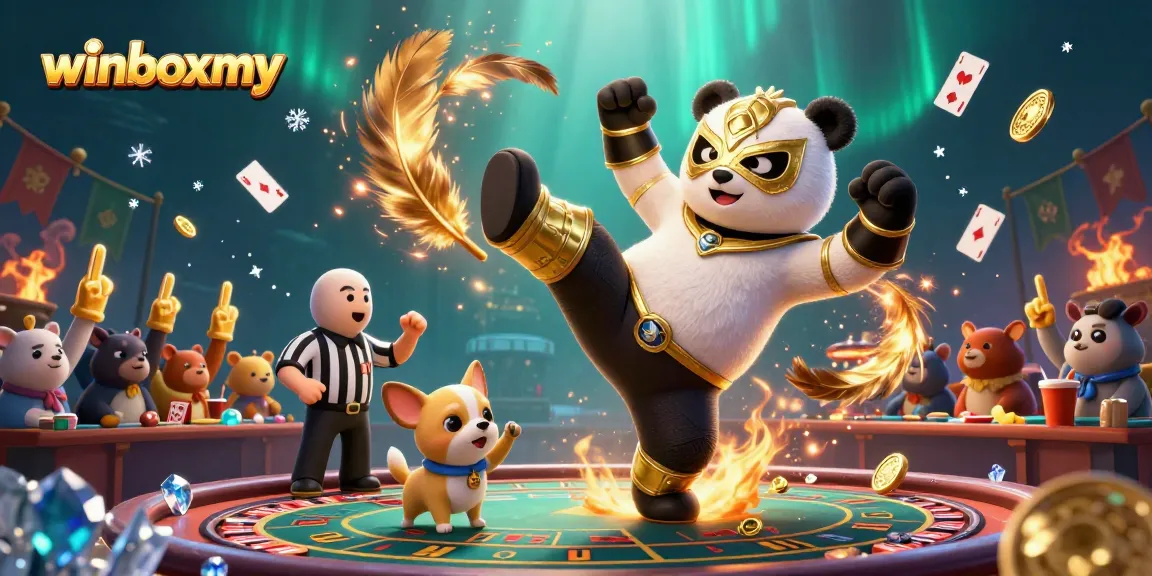 Join the thrill of winboxmy with an epic panda wrestler and chihuahua referee in a packed casino scene.