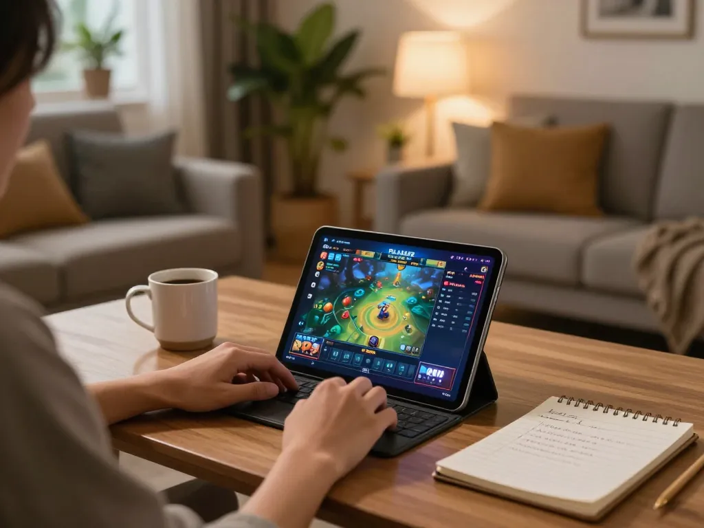 Pemain terlibat menggunakan slot PILARJEPE Thailand di tablet dalam pengaturan rumah yang nyaman dikelilingi oleh catatan taruhan dan kopi.