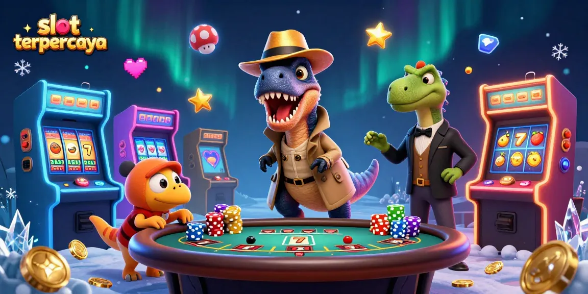 Spin the reels at slot terpercaya featuring a velociraptor card counter and a stegosaurus pit boss at a vibrant casino scene.