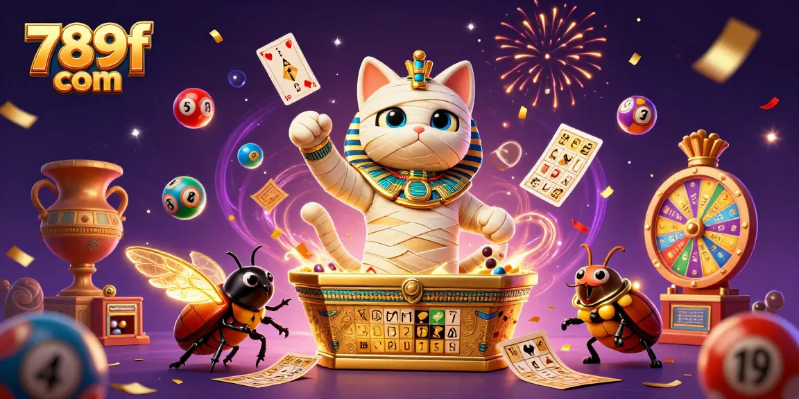 Experience thrilling moments at 789f com with a dynamic casino scene showcasing an Egyptian mummy cat and a glowing scarab.