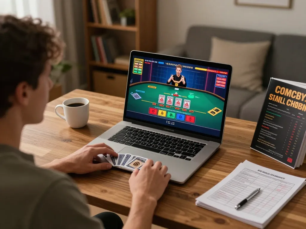 KJC player engaging in online blackjack at home, enhancing bankroll management strategies.