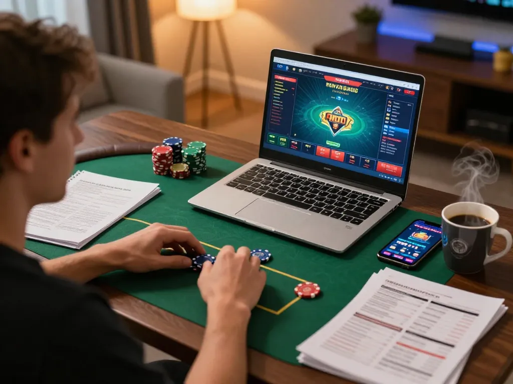 Player strategizing poker gameplay with vipwin79 app in cozy home setup