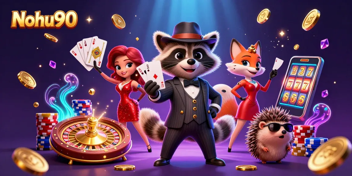 Nohu90 delivers thrilling casino excitement with a raccoon, a fox, and a hedgehog amidst vibrant game elements.