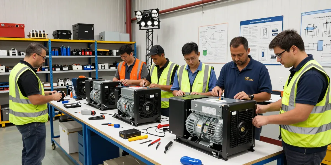 Technicians assembling portable energy systems powered by natural gas in a workshop.